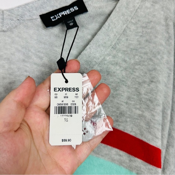 Express Varsity Striped Slouchy V Neck Button Down Rainbow Gray Knit Cardigan - Picture 8 of 11